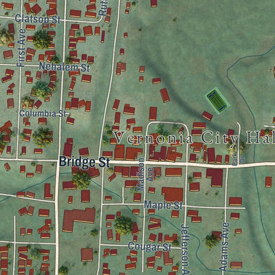 Close-up of the map of Vernonia, Oregon print showing street and building detail
