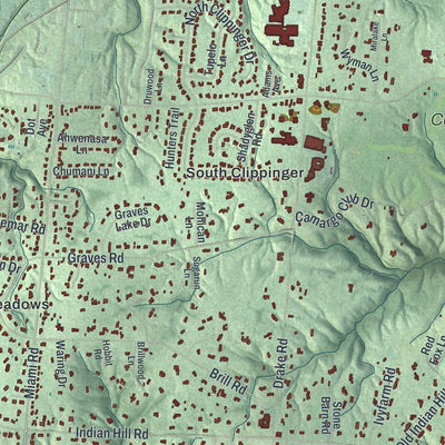 Close-up of the map of The Village of Indian Hill, Ohio print showing street and building detail