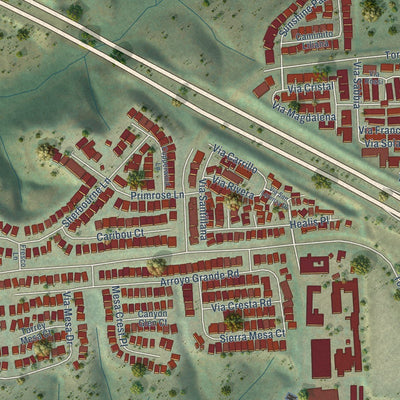 Close-up of the map of Torrey Highlands, California print showing street and building detail