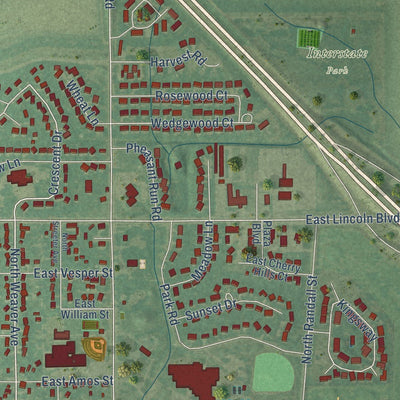 Close-up of the map of Hesston, Kansas print showing street and building detail