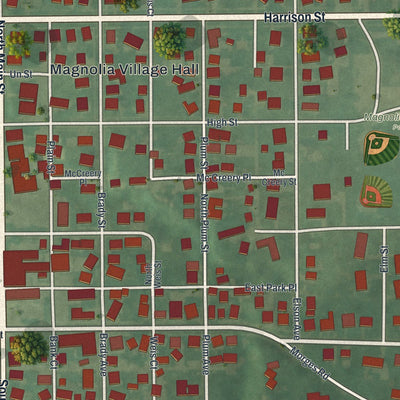 Close-up of the map of Magnolia, Ohio print showing street and building detail
