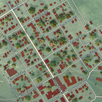 Close-up of the map of Roslyn, Washington print showing street and building detail