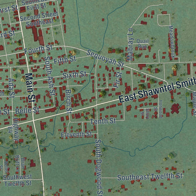 Close-up of the map of Muldrow, Oklahoma print showing street and building detail