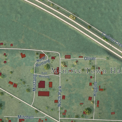 Close-up of the map of Menifee, Arkansas print showing street and building detail