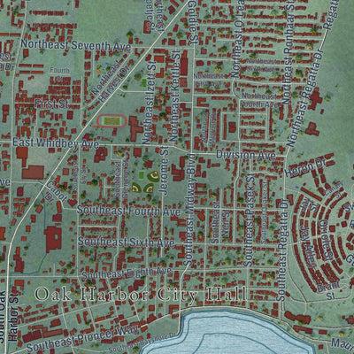 Close-up of the map of Oak Harbor, Washington print showing street and building detail