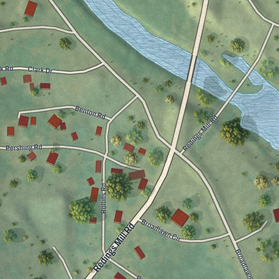 Close-up of the map of Redings Mill, Missouri print showing street and building detail