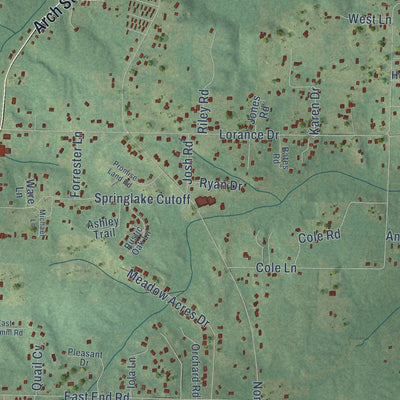 Close-up of the map of East End, Arkansas print showing street and building detail