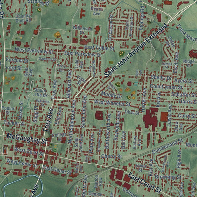 Close-up of the map of Dyersburg, Tennessee print showing street and building detail