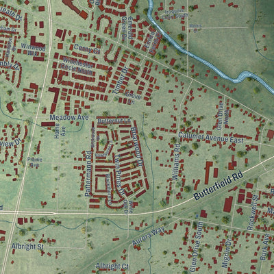 Close-up of the map of Warrenville, Illinois print showing street and building detail