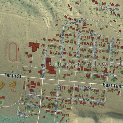 Close-up of the map of Cimarron, New Mexico print showing street and building detail