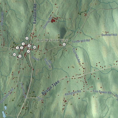 Close-up of the map of Eastford, Connecticut print showing street and building detail