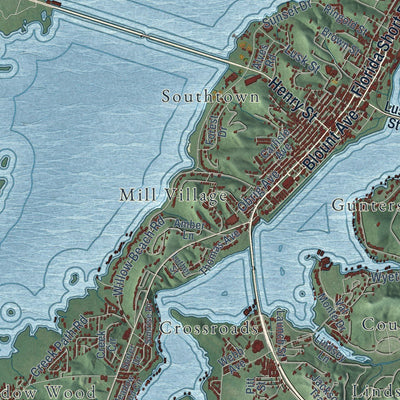 Close-up of the map of Guntersville, Alabama print showing street and building detail