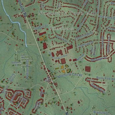 Close-up of the map of Nolensville, Tennessee print showing street and building detail