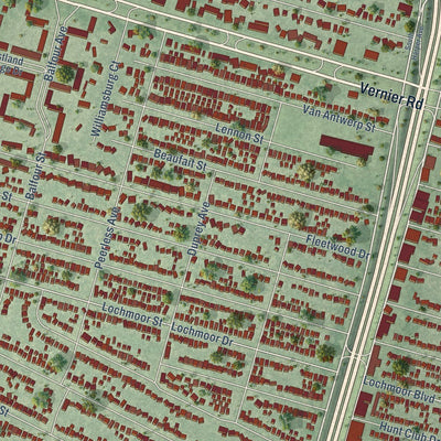 Close-up of the map of Harper Woods, Michigan print showing street and building detail