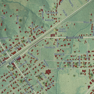 Close-up of the map of Olla, Louisiana print showing street and building detail
