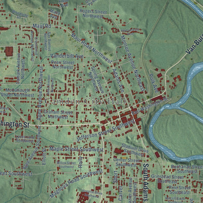 Close-up of the map of Camden, Arkansas print showing street and building detail