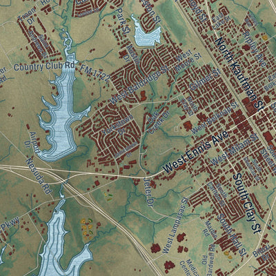 Close-up of the map of Ennis, Texas print showing street and building detail