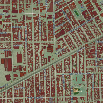 Close-up of the map of Alhambra, California print showing street and building detail