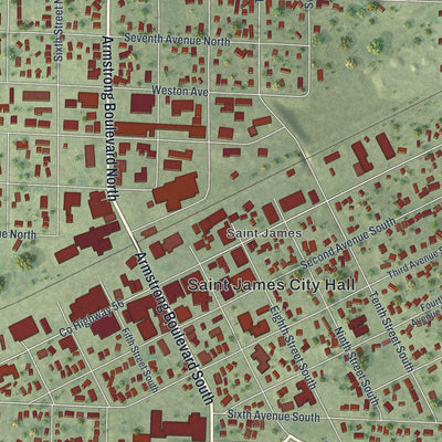 Close-up of the map of St. James, Minnesota print showing street and building detail