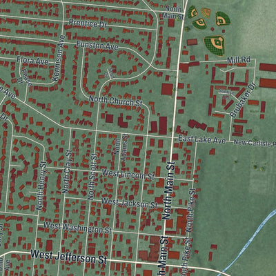 Close-up of the map of New Carlisle, Ohio print showing street and building detail