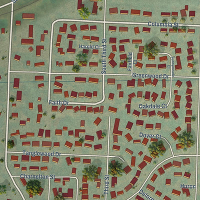 Close-up of the map of Jefferson, Oregon print showing street and building detail