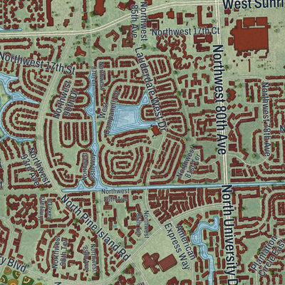 Close-up of the map of Plantation, Florida print showing street and building detail