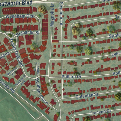 Close-up of the map of Westworth Village, Texas print showing street and building detail