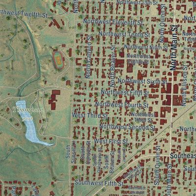 Close-up of the map of Guymon, Oklahoma print showing street and building detail