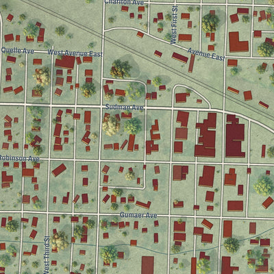 Close-up of the map of Oshkosh, Nebraska print showing street and building detail