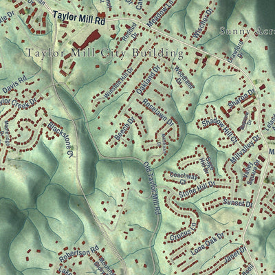 Close-up of the map of Taylor Mill, Kentucky print showing street and building detail