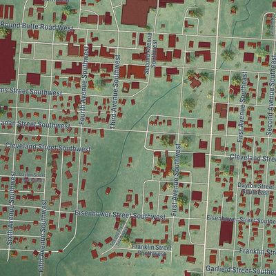 Close-up of the map of Ronan, Montana print showing street and building detail