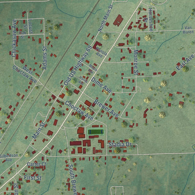 Close-up of the map of Savanna, Oklahoma print showing street and building detail