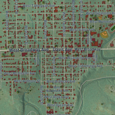 Close-up of the map of Sulphur, Oklahoma print showing street and building detail