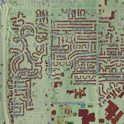 Close-up of the map of Glenview, Illinois print showing street and building detail