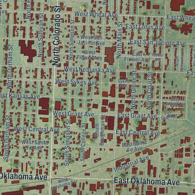 Close-up of the map of Ulysses, Kansas print showing street and building detail