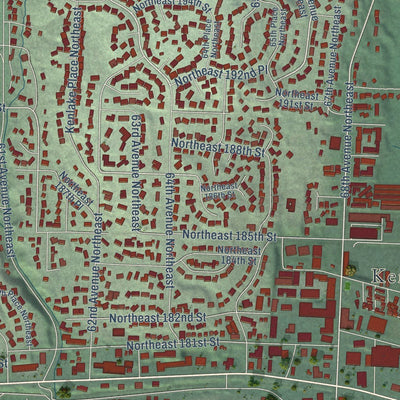 Close-up of the map of Kenmore, Washington print showing street and building detail
