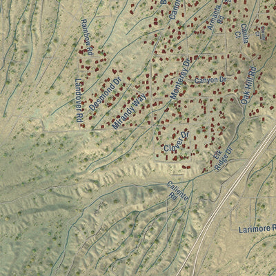 Close-up of the map of Oak Hills, California print showing street and building detail