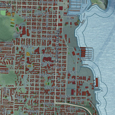 Close-up of the map of Anacortes, Washington print showing street and building detail