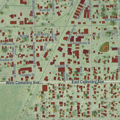 Close-up of the map of Chenoa, Illinois print showing street and building detail