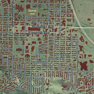 Close-up of the map of Helena, Montana print showing street and building detail