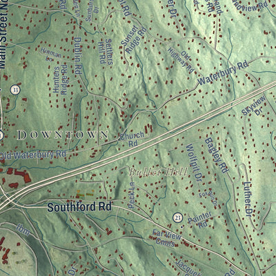Close-up of the map of Southbury, Connecticut print showing street and building detail