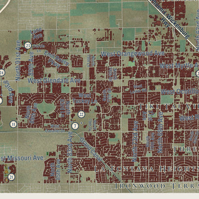 Close-up of the map of Glendale, Arizona print showing street and building detail