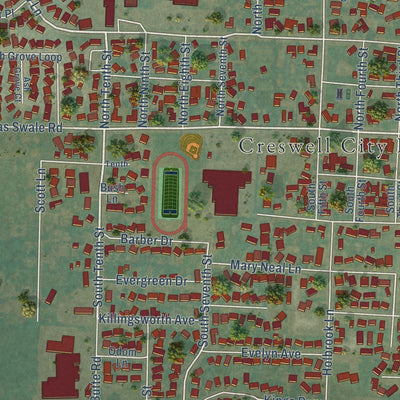 Close-up of the map of Creswell, Oregon print showing street and building detail