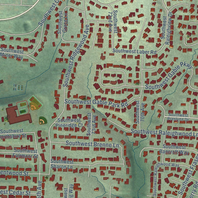 Close-up of the map of Raleigh Hills, Oregon print showing street and building detail