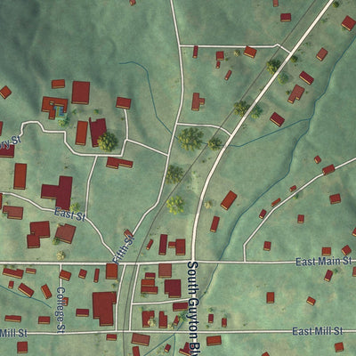 Close-up of the map of Blue Mountain, Mississippi print showing street and building detail