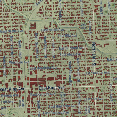 Close-up of the map of Kingsville, Texas print showing street and building detail