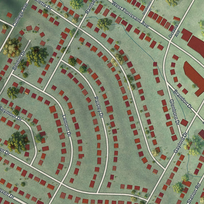 Close-up of the map of Flordell Hills, Missouri print showing street and building detail
