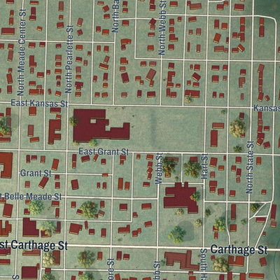 Close-up of the map of Meade, Kansas print showing street and building detail