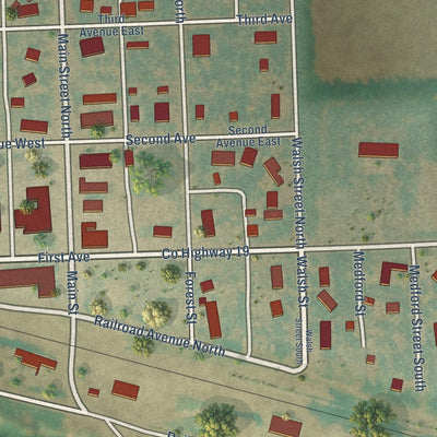 Close-up of the map of Fordville, North Dakota print showing street and building detail