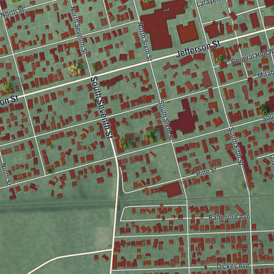 Close-up of the map of Greenfield, Ohio print showing street and building detail